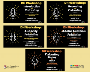 Flyers from Fall 2020 virtual podcast workshop series